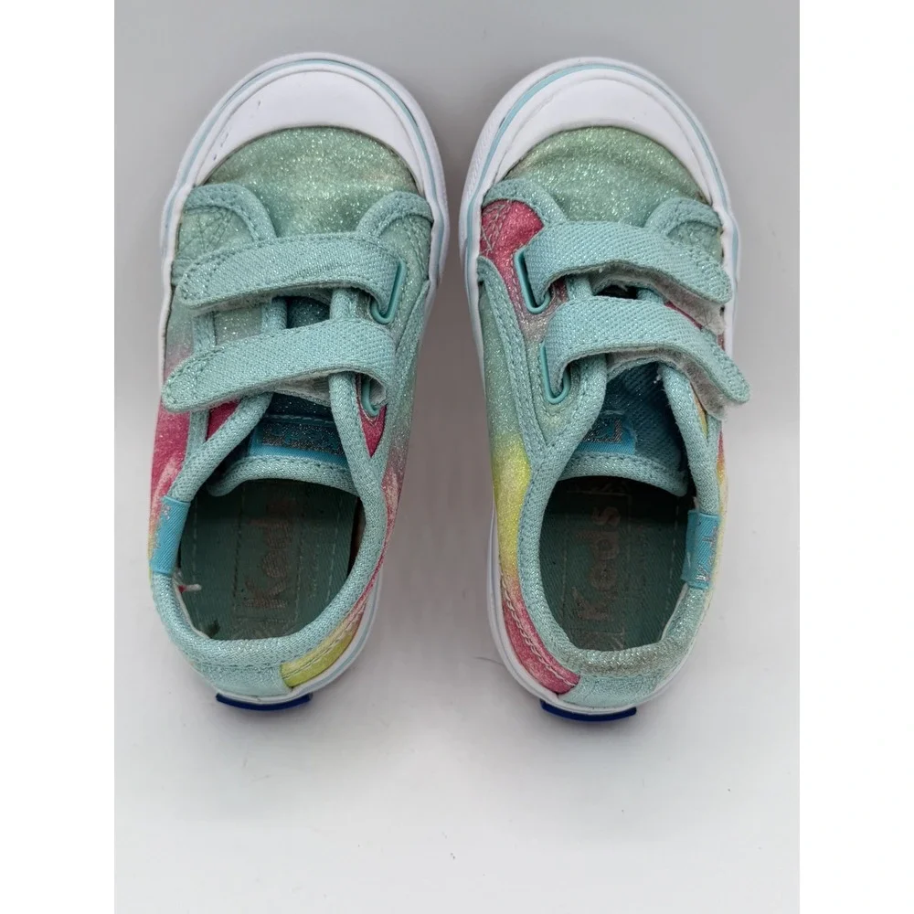 Keds Kids Glittery Hook & Loop Turquoise Multi-stripe Colorway Sneakers Size 7